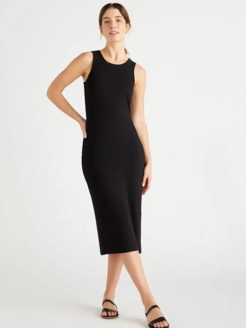 Quince Tencel Ribbed Knit Sleeveless Midi Dress in Black